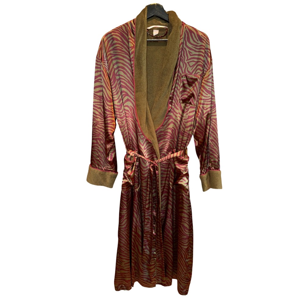 VTG Y2K Victorias Secret Zebra Print Terry Lined Satin Robe Burgundy Gold M